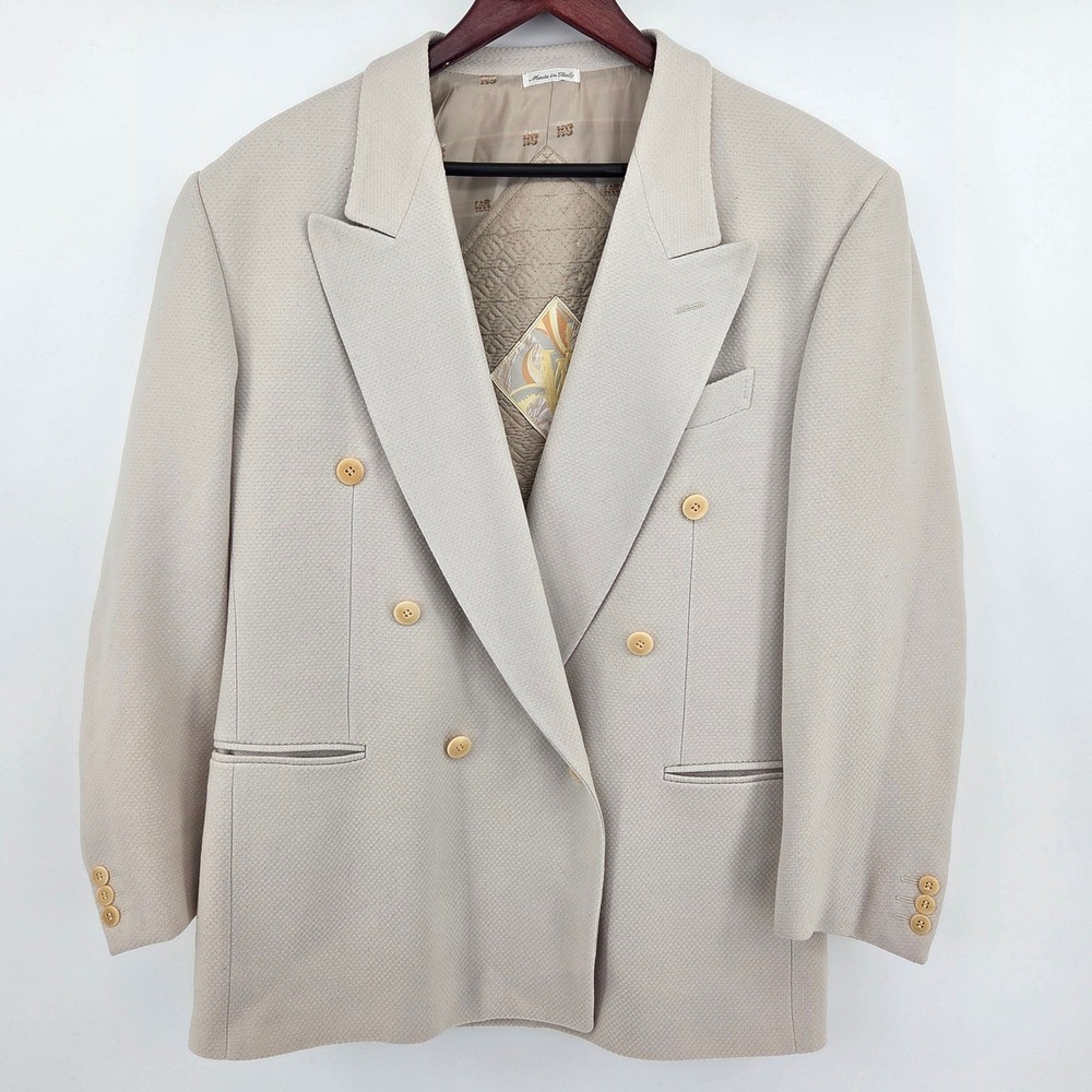 Pal Zileri Mens Beige Wool Double Breasted Medium 38R Blazer Jacket Italy Made